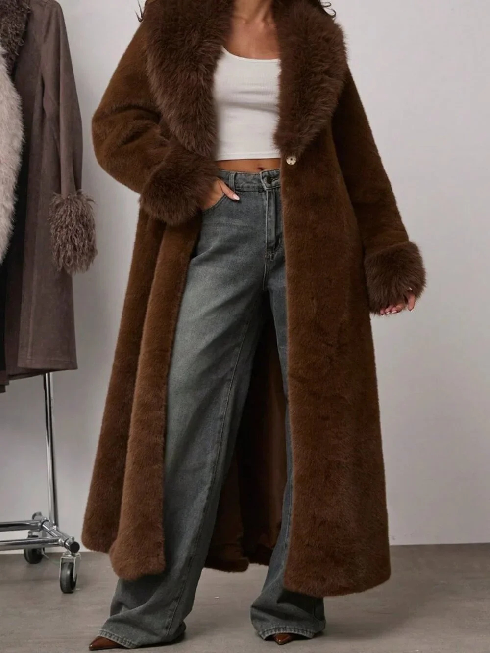 Mocha Brown Women's Shawl Collar Long Sleeve Pocket Belt Faux Fur Trench Coat